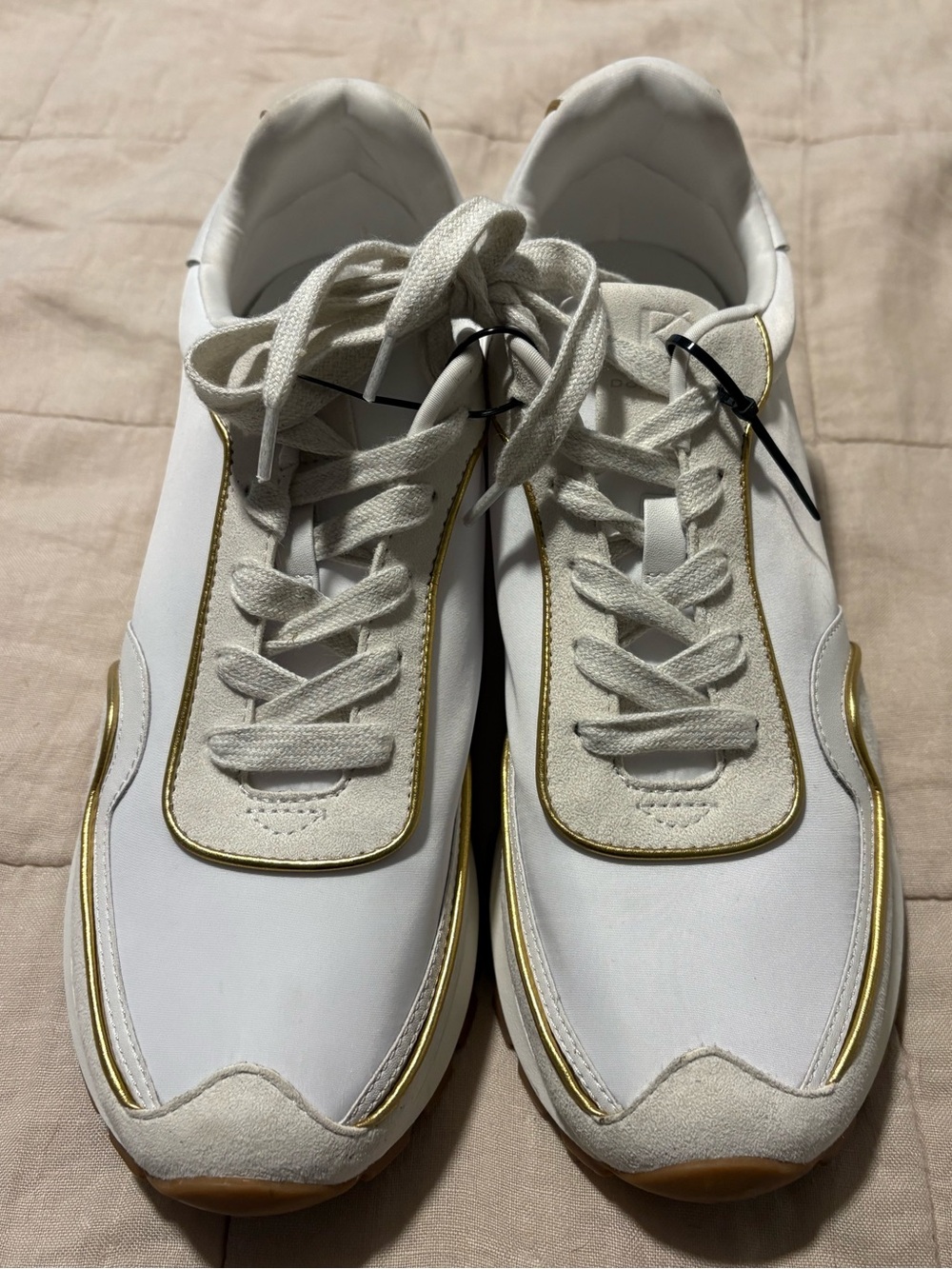 Women’s Donna Karan White Sneakers with Gold Trim